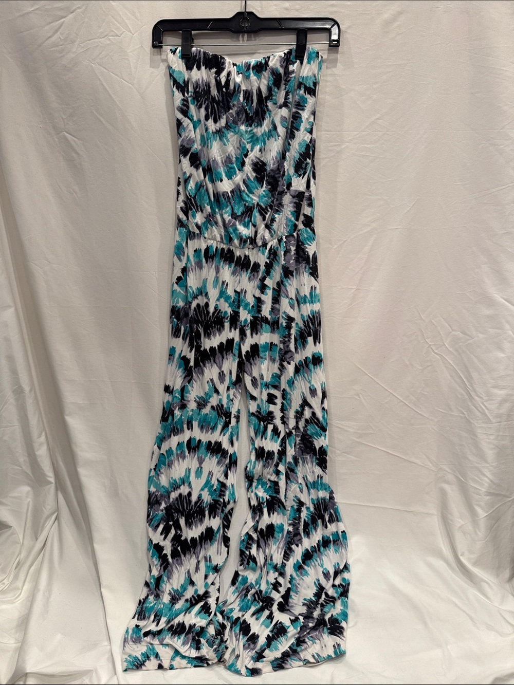 5/48 Strapless Wide-Leg Jumpsuit in Teal, Black & White Tie-Dye XS Boho Hippie